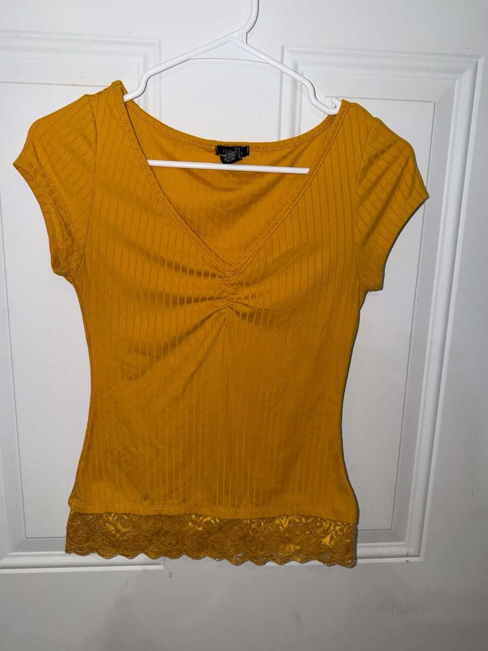 Rue21 V-Neck Short Sleeve Top Size S Mustard Yellow Ribbed Lace Hem